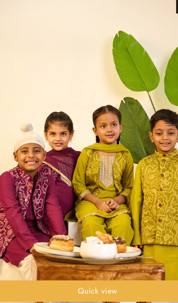 BOYS GREEN MUSLIN JACKET WITH GREEN KURTA AND PAJAMA (SET OF 3) + GIRLS GREEN MUSLIN KURTI PANT WITH SHORT JACKET AND DUPATTA (SET OF 3)